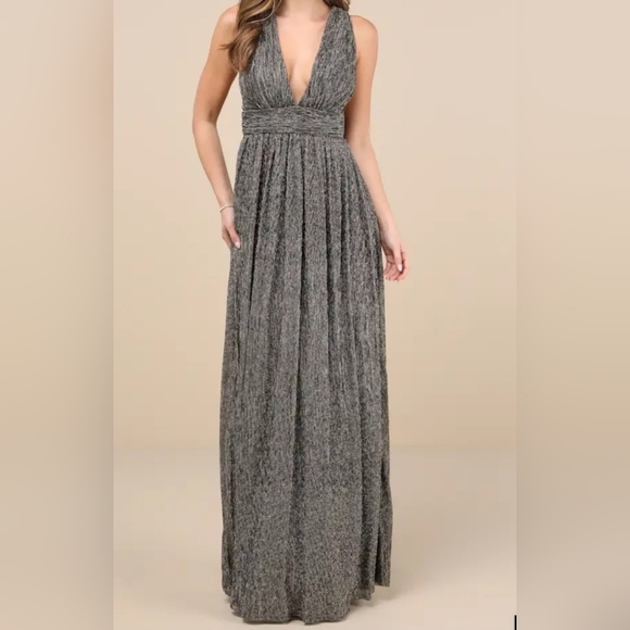 🛍 NWOT Lulu's Looking Radiant Gold Metallic Maxi Dress AD4563LU Size Large - Picture 14 of 14